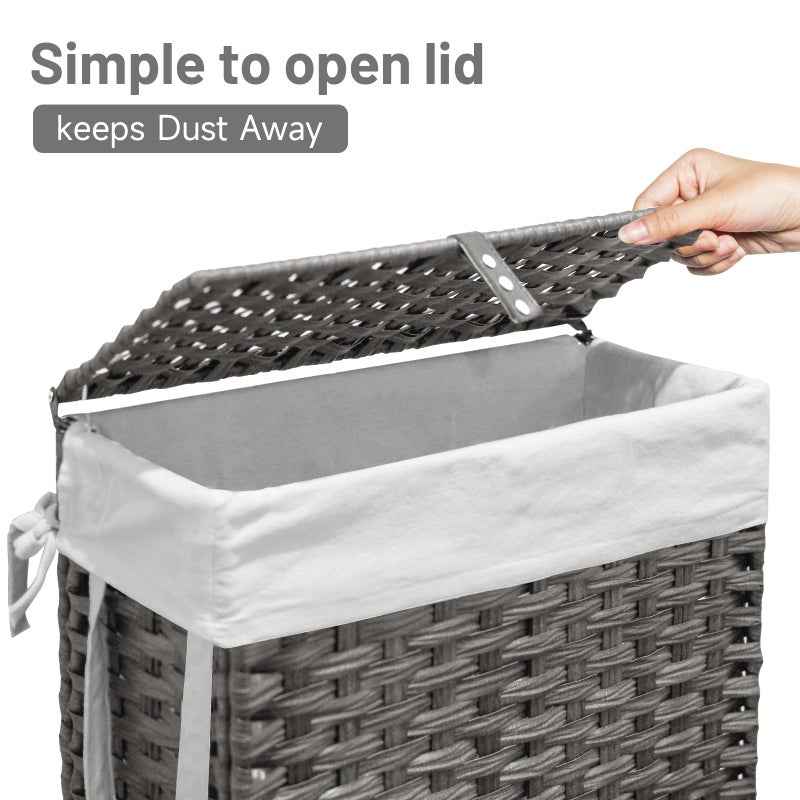 Hiagnete 70L Slim Laundry Hamper with Lid & Wheels, Rolling Laundry Basket with 2 Removable Liner Bags & 3 Mesh Bags, Narrow Dirty Clothes Basket, Foldable Handwoven Rattan Laundry Sorter, Grey - Image 5