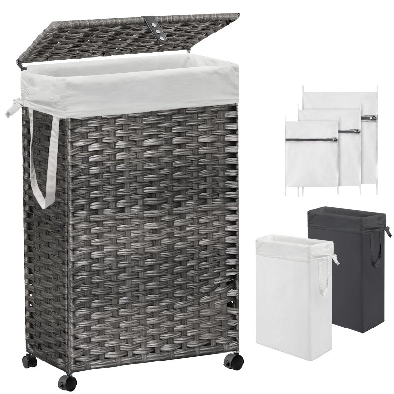 Hiagnete 70L Slim Laundry Hamper with Lid & Wheels, Rolling Laundry Basket with 2 Removable Liner Bags & 3 Mesh Bags, Narrow Dirty Clothes Basket, Foldable Handwoven Rattan Laundry Sorter, Grey - Image 1