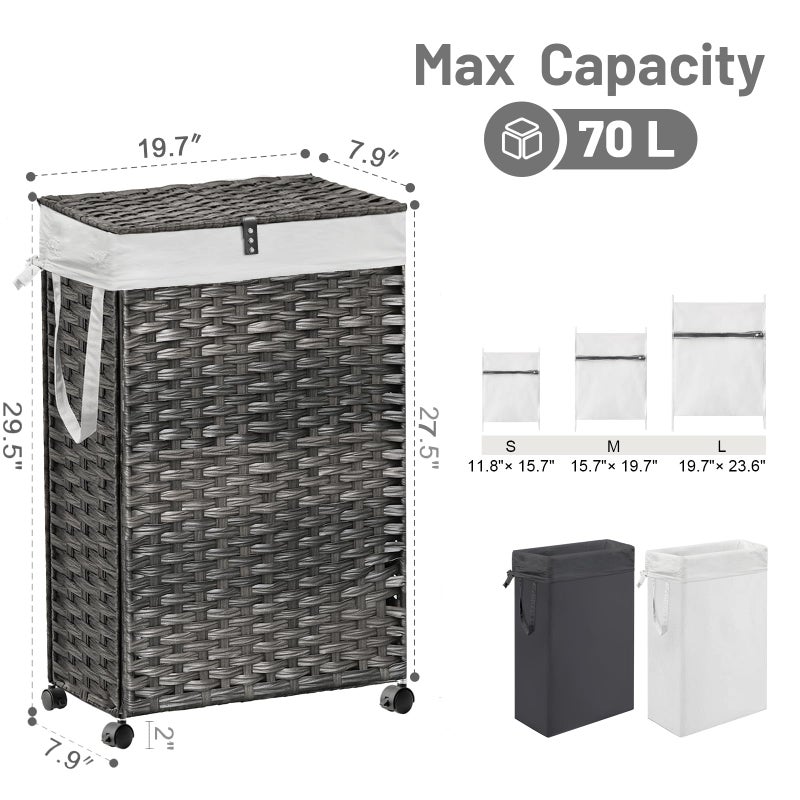 Hiagnete 70L Slim Laundry Hamper with Lid & Wheels, Rolling Laundry Basket with 2 Removable Liner Bags & 3 Mesh Bags, Narrow Dirty Clothes Basket, Foldable Handwoven Rattan Laundry Sorter, Grey - Image 4