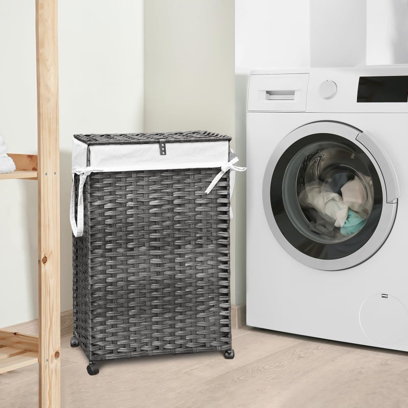 Hiagnete 70L Slim Laundry Hamper with Lid & Wheels, Rolling Laundry Basket with 2 Removable Liner Bags & 3 Mesh Bags, Narrow Dirty Clothes Basket, Foldable Handwoven Rattan Laundry Sorter, Grey - Image 2