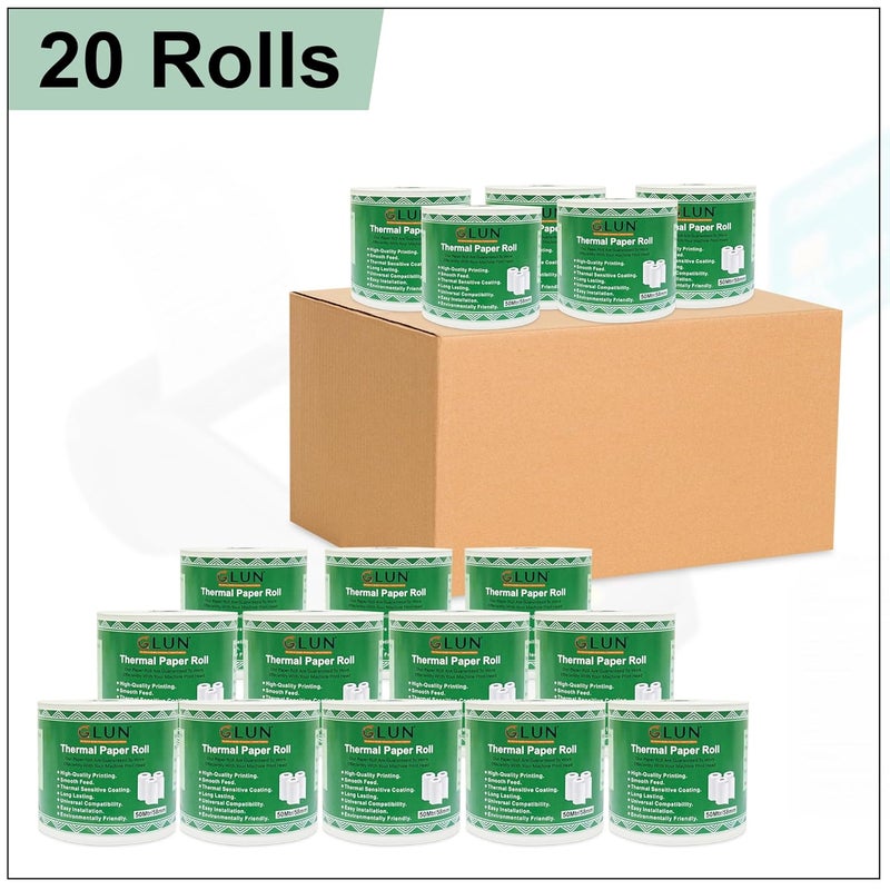 GLUN® ® لفات ورق حراري 58 مم (2 بوصة) × 50 متر، ورق إيصالات POS خالي من البقع لآلات النقد (عبوة من 20) - Image 2