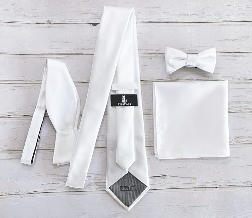 KissTies Mens White Tie Wedding Necktie Satin Formal Ties + Gift Box - Image 4