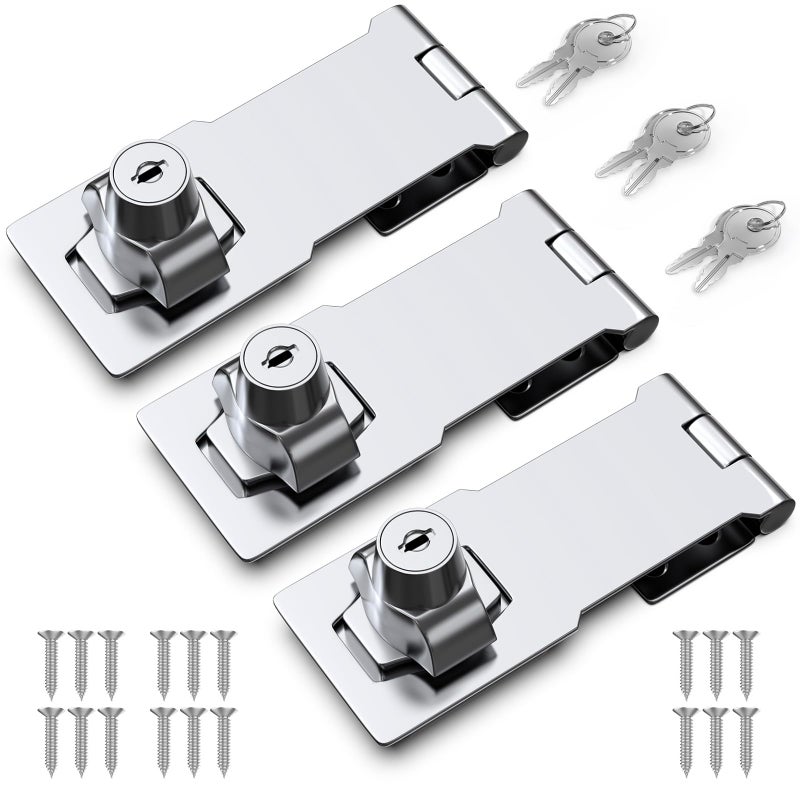 I-Easydww, Keyed Hasp Locks, 4 Inch, Twist Knob Keyed Locking Hasp, Cabinet Locks, Cabinet Locks With Keys, For Drawer, Cabinets And More, Zinc Alloy With Iron Chrome Plating, Silver, 3 Pack - Image 1