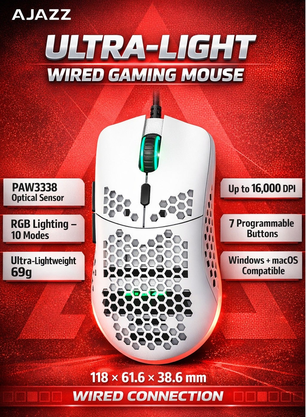 AJAZZ AJ390 Ultra-Light Gaming Mouse, 16000 DPI RGB Honeycomb Wired Mouse, 69g Lightweight, PAW3338 Sensor, 7 Programmable Buttons