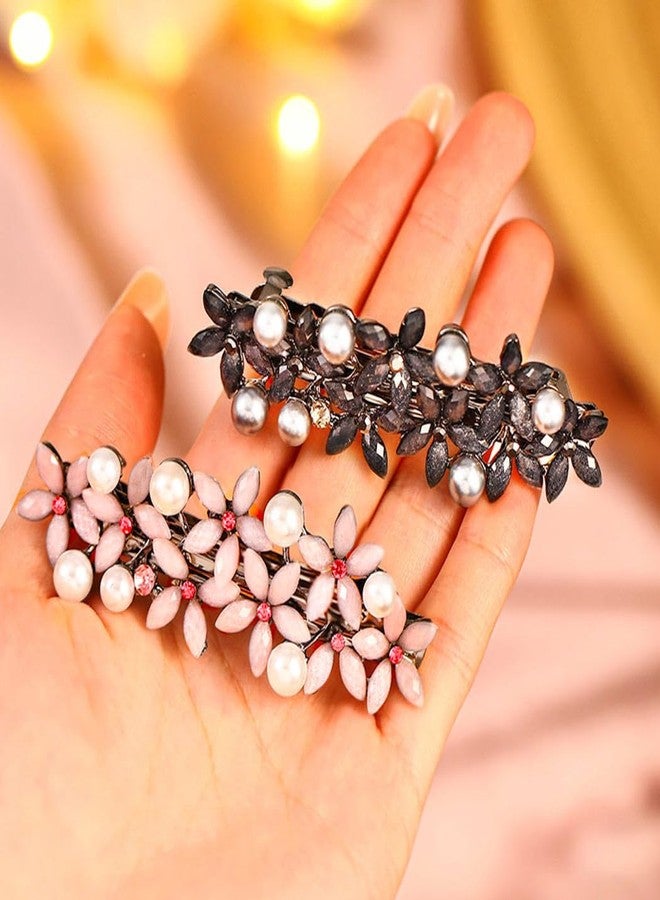 EASEDAILY Flower French Hair Clips Barrette Pearl Hair Barrettes Vintage Hair Accessories for Women (Pack of 2) (Black Blue and Pink) - Image 2