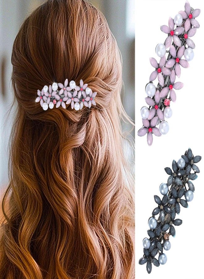 EASEDAILY Flower French Hair Clips Barrette Pearl Hair Barrettes Vintage Hair Accessories for Women (Pack of 2) (Black Blue and Pink) - Image 1