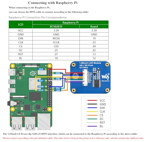 waveshare 1.69inch LCD Display Module, 240x280 IPS Screen, 262K RGB Display Colors, SPI Interface,Embedded ST7789V2 Driver chip, Using SPI Interface, Compatible with Arduino,Raspberry Pi, STM32, etc. - Image 5