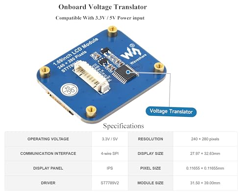 waveshare 1.69inch LCD Display Module, 240x280 IPS Screen, 262K RGB Display Colors, SPI Interface,Embedded ST7789V2 Driver chip, Using SPI Interface, Compatible with Arduino,Raspberry Pi, STM32, etc. - Image 3
