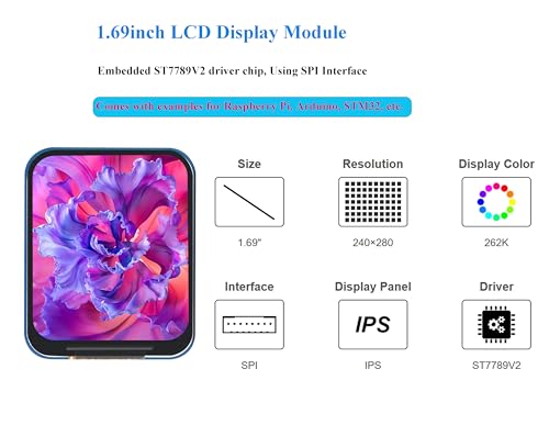 waveshare 1.69inch LCD Display Module, 240x280 IPS Screen, 262K RGB Display Colors, SPI Interface,Embedded ST7789V2 Driver chip, Using SPI Interface, Compatible with Arduino,Raspberry Pi, STM32, etc. - Image 2
