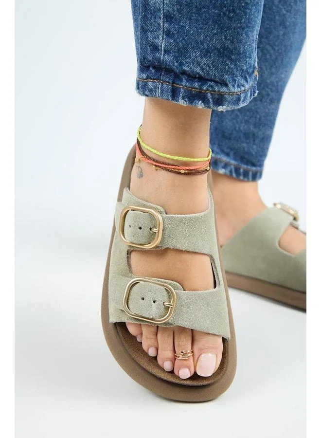 Lavender Women's Genuine Leather Double-Strap Aqua Green Slipper.