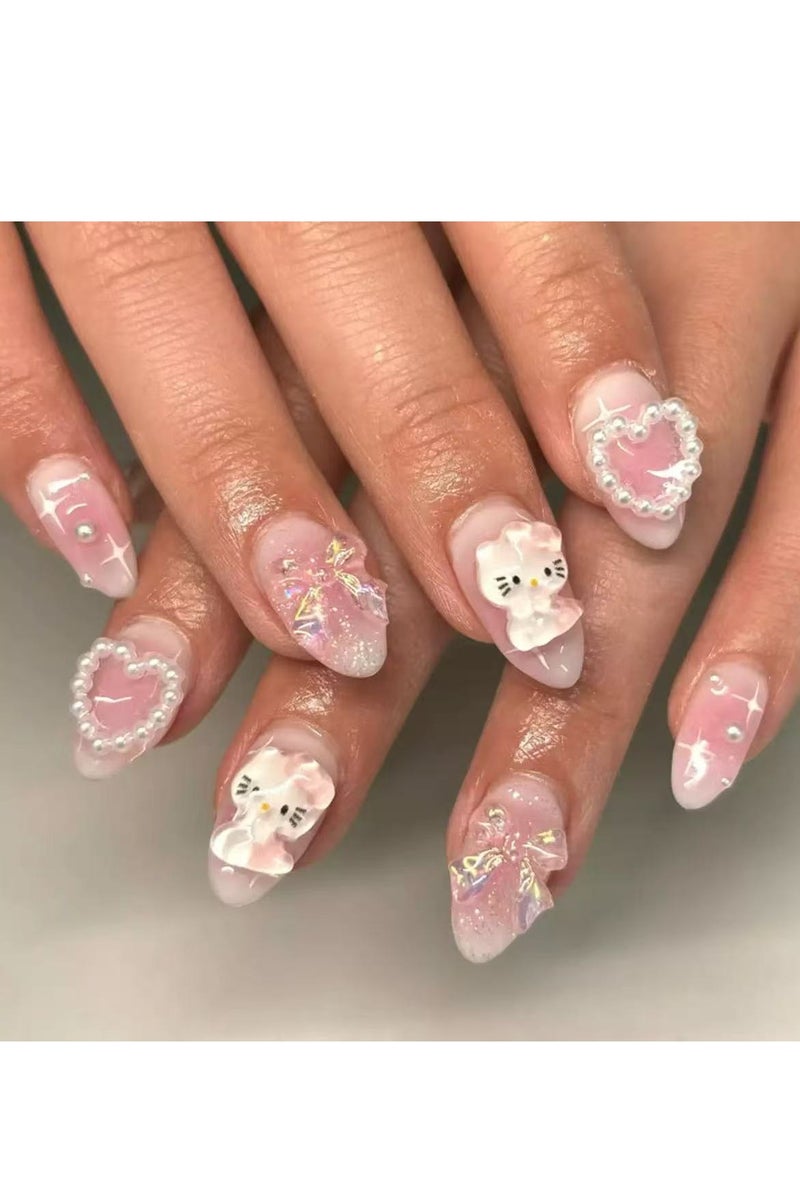 جوسكوين أظافر بالضغط (24 قطعة)، تصميم على شكل لوزي قصير، أظافر قابلة لإعادة الاستخدام، تتميز بتدرج بلون أحمر خدود، فيونكات، وقلوب، لتحقيق طلاء أظافر ناعم وحالم بسهولة. أظافر أكريليك مع طقم غراء. - Image 1