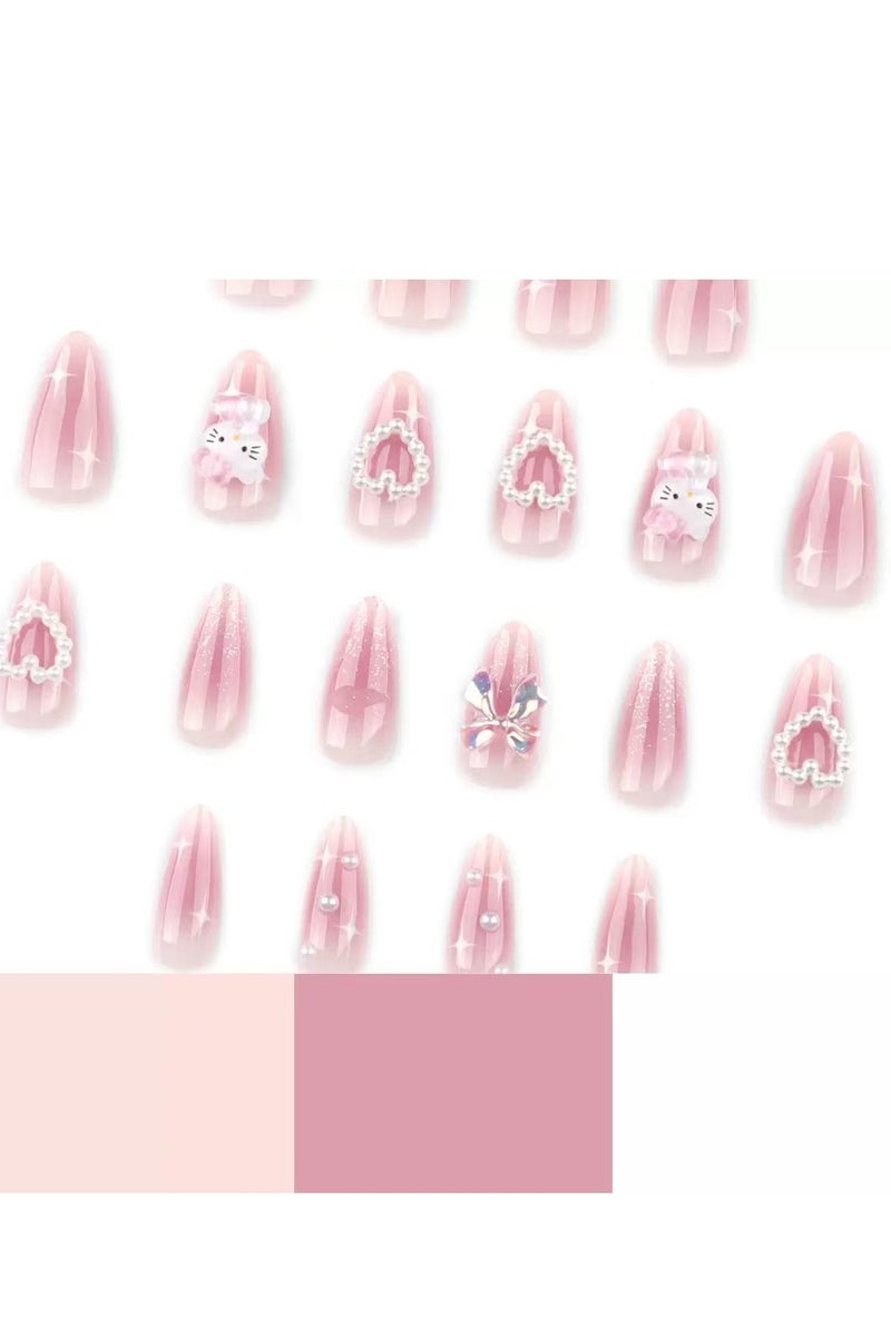 جوسكوين أظافر بالضغط (24 قطعة)، تصميم على شكل لوزي قصير، أظافر قابلة لإعادة الاستخدام، تتميز بتدرج بلون أحمر خدود، فيونكات، وقلوب، لتحقيق طلاء أظافر ناعم وحالم بسهولة. أظافر أكريليك مع طقم غراء. - Image 2