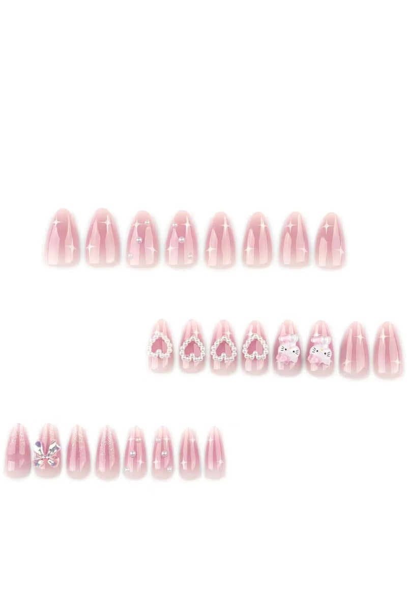 جوسكوين أظافر بالضغط (24 قطعة)، تصميم على شكل لوزي قصير، أظافر قابلة لإعادة الاستخدام، تتميز بتدرج بلون أحمر خدود، فيونكات، وقلوب، لتحقيق طلاء أظافر ناعم وحالم بسهولة. أظافر أكريليك مع طقم غراء. - Image 5