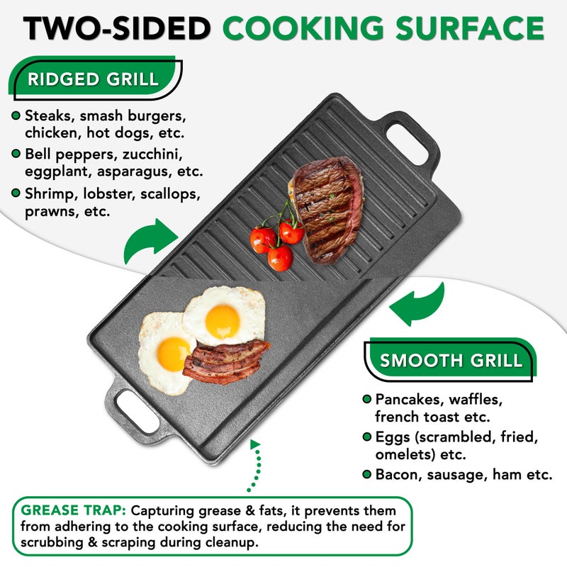 ProSource 2-in-1 Reversible 19.5â€ x 9â€ Cast Iron Griddle with Handles, Preseasoned & Non-Stick for Gas Stovetop, Oven and Open Fire. - Image 5