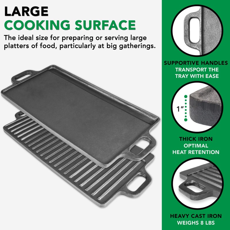 ProSource 2-in-1 Reversible 19.5â€ x 9â€ Cast Iron Griddle with Handles, Preseasoned & Non-Stick for Gas Stovetop, Oven and Open Fire. - Image 4