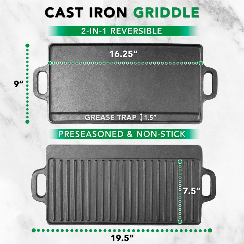 ProSource 2-in-1 Reversible 19.5â€ x 9â€ Cast Iron Griddle with Handles, Preseasoned & Non-Stick for Gas Stovetop, Oven and Open Fire. - Image 3