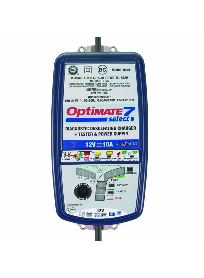 Tecmate OptiMATE 7 Select, TM-251, 9-step 10Amp battery charger for 12V starter and deep cycle batteries - Image 2