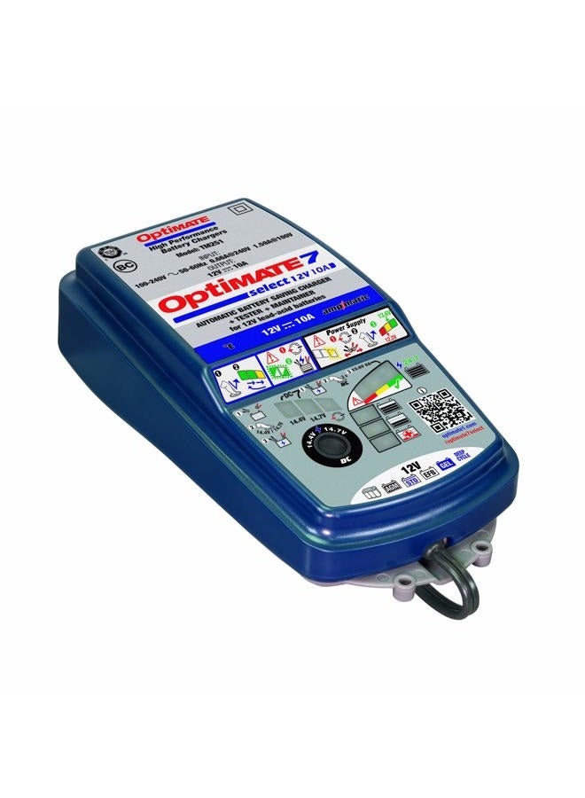 Tecmate OptiMATE 7 Select, TM-251, 9-step 10Amp battery charger for 12V starter and deep cycle batteries - Image 1