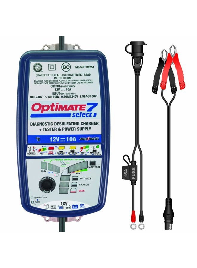 Tecmate OptiMATE 7 Select, TM-251, 9-step 10Amp battery charger for 12V starter and deep cycle batteries - Image 4