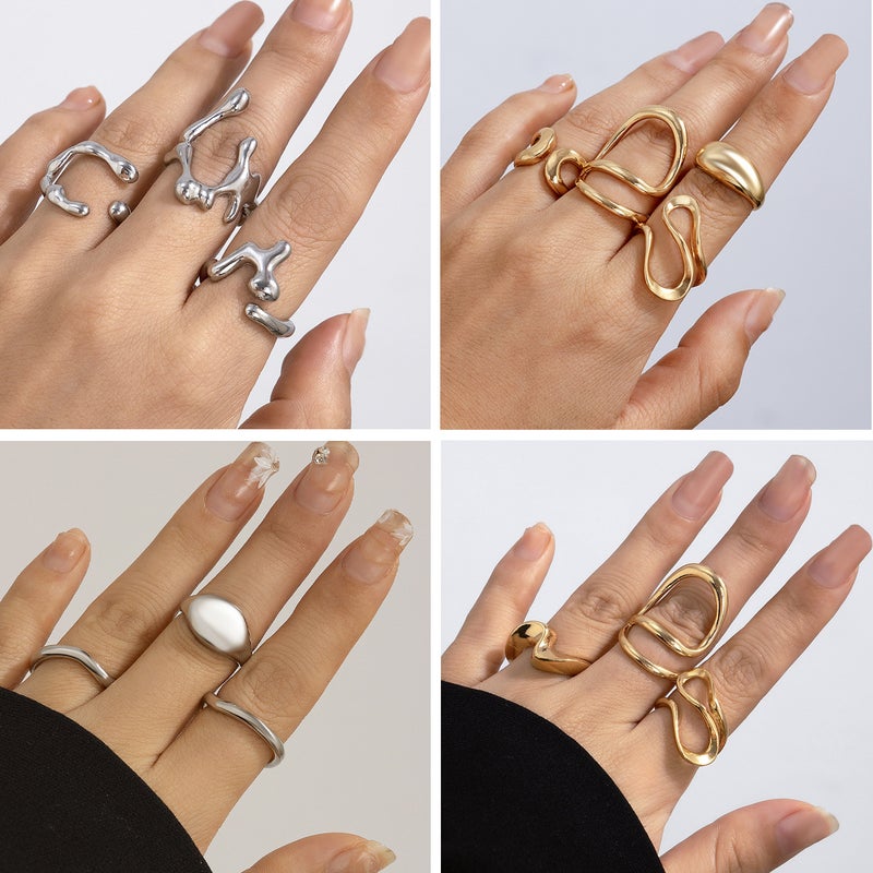 SHIXIN European and American Cross-Border Simple Irregular Lava Open-Face Glossy Ring Set - Niche Hollow Arc Design Rings - Image 1