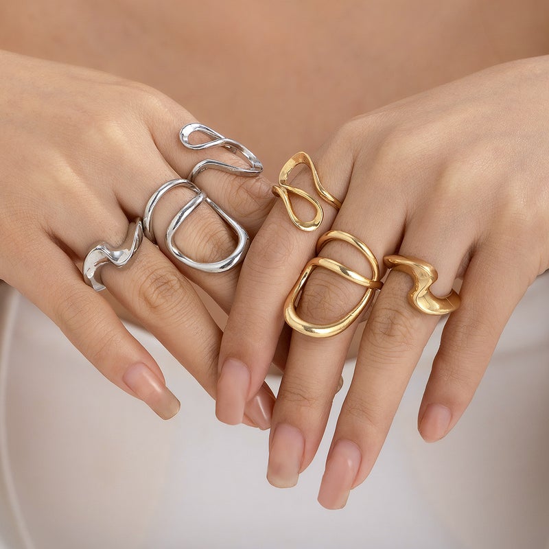 SHIXIN European and American Cross-Border Simple Irregular Lava Open-Face Glossy Ring Set - Niche Hollow Arc Design Rings - Image 2