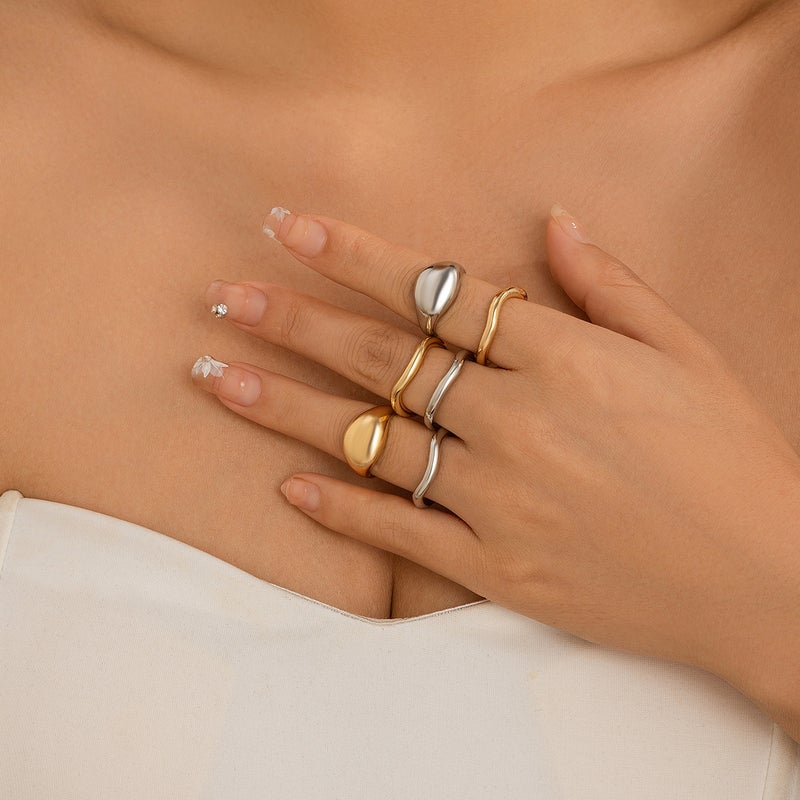 SHIXIN European and American Cross-Border Simple Irregular Lava Open-Face Glossy Ring Set - Niche Hollow Arc Design Rings - Image 3