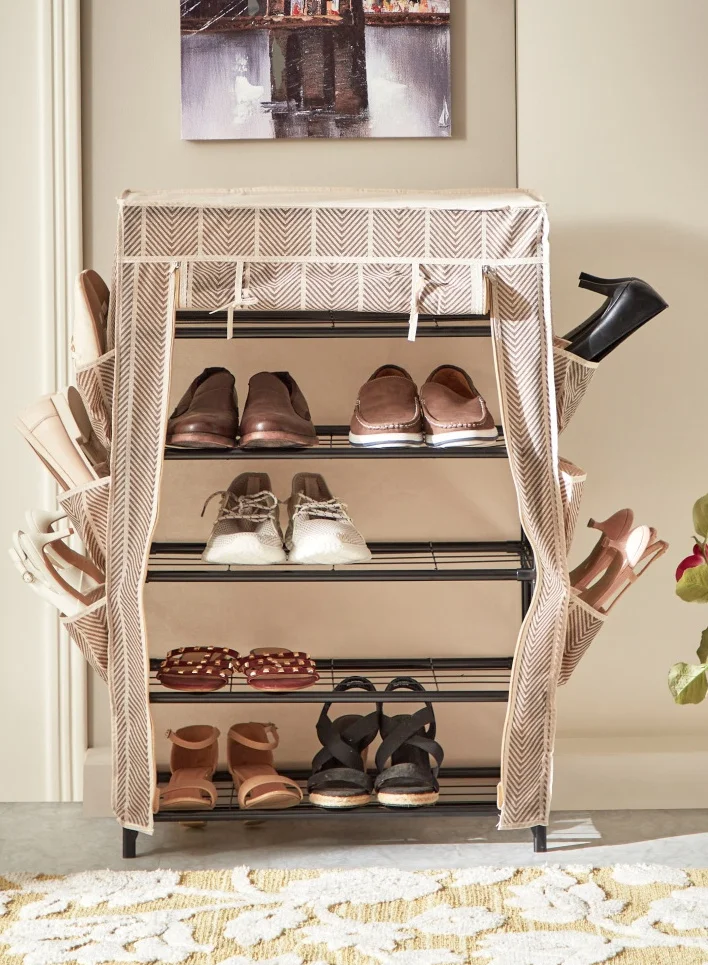 Home Box Ebase 5-Tier Shoe Rack Organizer with Cover | 16 Pairs | Fabric Material