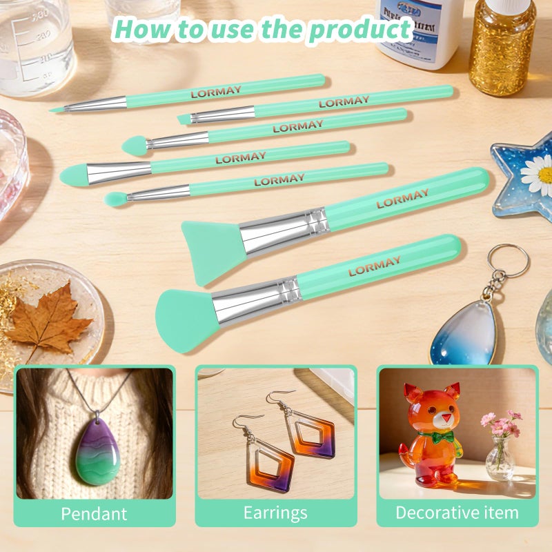 LORMAY 7 Pcs Silicone Brush Applicator Kit for UV Resin Epoxy Art Crafting and Cream Makeup Products (Mint Green) - Image 3