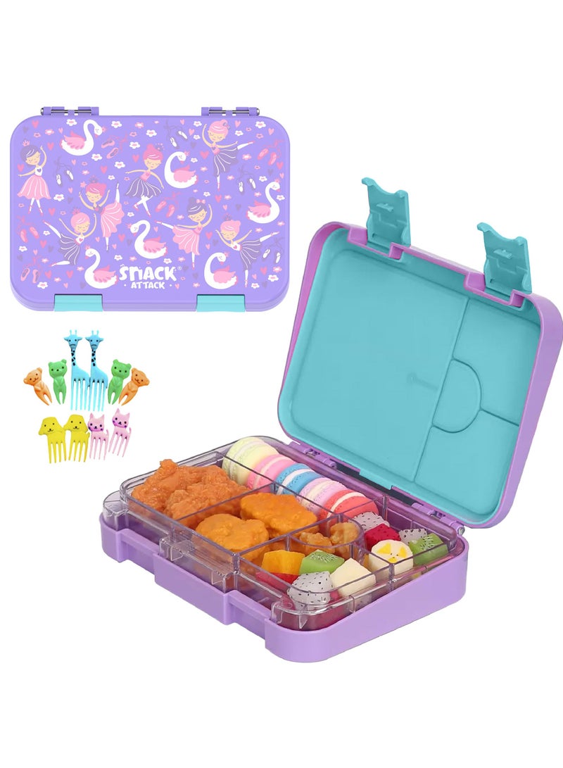 Snack attack صندوق غداء بينتو من سناك أتاك TM للأطفال بلون أرجواني راقصة الباليه للأطفال | 4 أو 6 حجرات قابلة للتحويل خالية من مادة BPA مقاومة للتسرب آمنة للاستخدام في غسالة الأطباق لموسم العودة إلى المدرسة للأطفال الأولاد والبنات والأطفال الصغار  - Image 1