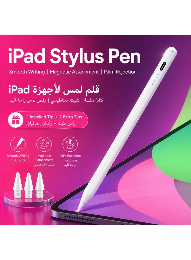 قلم لمس لجهاز iPad، شحن USB-C، يدعم راحة اليد، تثبيت مغناطيسي، كتابة سلسة، مؤشر بطارية LED، مع رأس مثبت و2 رؤوس إضافية - Image 2