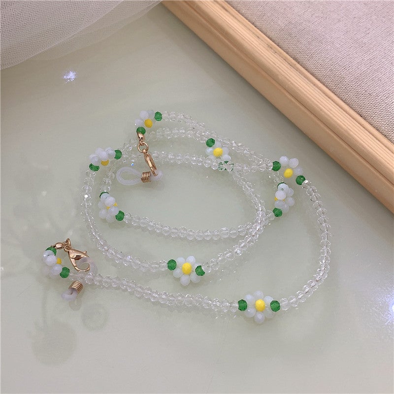 Generic Korean Vintage Daisy Flower Glasses Chain ins Wind Glasses Rope Net Red Crystal Woven Beads Mask Chain for Women White 