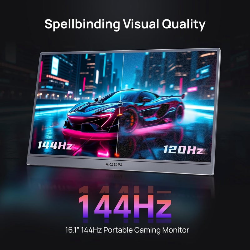 ARZOPA 16.1'' 144Hz Portable Gaming Monitor, 106% sRGB 1080P FHD Kickstand Portable Monitor with HDR, Ultra Slim, Eye Care, External Second Screen for Laptop, PC, PS5, Mac, Xbox-Z1FC GREY - Image 3