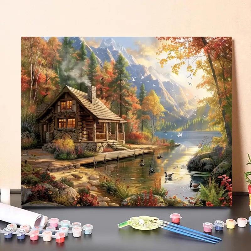 MaiMMaledy Paint by Numbers Kit for Adults Beginners 8Wx12L inch Canvas Pictures with Framed Drawing Painting Works with Wooden Triangle Easel Acrylic Pigment Vase Decoration Riverside Scenery - Image 3