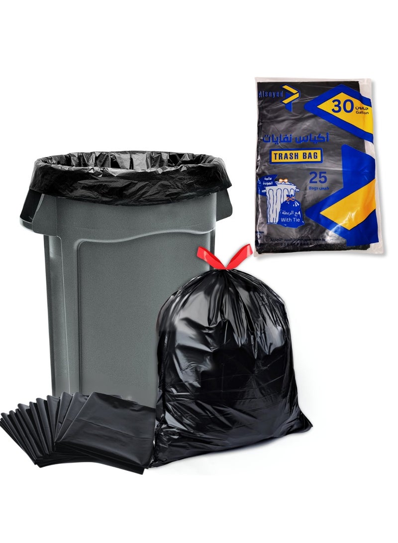 AlsayedP 30 Gallons 25 Trash Bags With Tie Black Heavy Duty Plastic Garbage Bags for Contractor, Industrial, Home, Kitchen, Commercial, Yard, Leaf, Lawn (30 Gallons, 25 Bags)  - Image 1