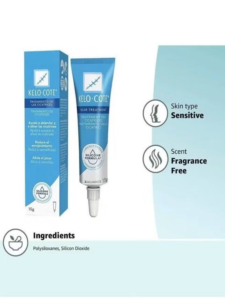 Kelo-cote Advanced Formula Scar Treatment Gel 15g, Helps Soften And Smooth Raised Scars, Maintaining The Moisture Balance of The Adjacent Skin, Reduces Discolouration, Redness, Pain and Discomfort of Scars - Image 1
