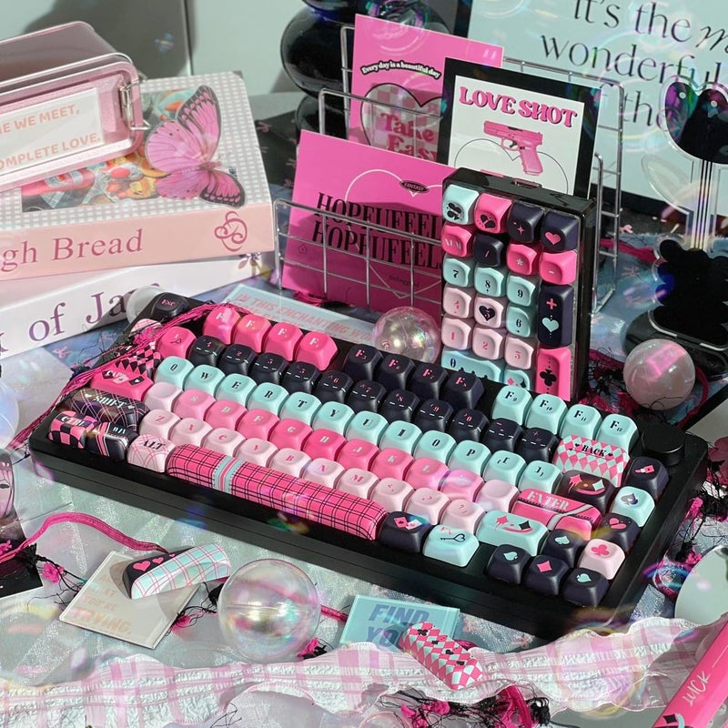 COOMICKEY 142 Key PBT Keycaps, Pink Black Dye-Sublimation Customized Cute Keycap, Poker Theme MOA Profile Keycaps Set for Cherry Gateron MX Switches Mechanical Gaming Keyboards - Image 5