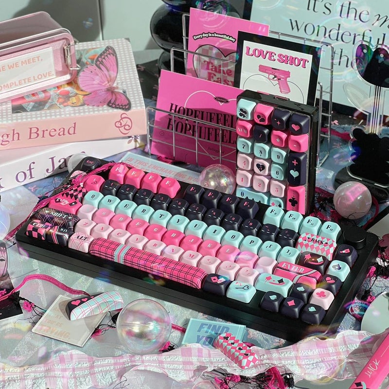 COOMICKEY 142 Key PBT Keycaps, Pink Black Dye-Sublimation Customized Cute Keycap, Poker Theme MOA Profile Keycaps Set for Cherry Gateron MX Switches Mechanical Gaming Keyboards - Image 3