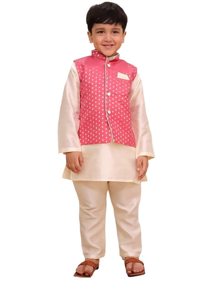 AJ DEZINES Kids Brocade Full Sleeve Motif Kurta Pajama & Waistcoat Set for Boys - Ethnic wear | Special Occasion & Party Traditional Outfit | Mandarin Collar Waistcoat for boys - Regular Fit |Pink-9 - Image 1