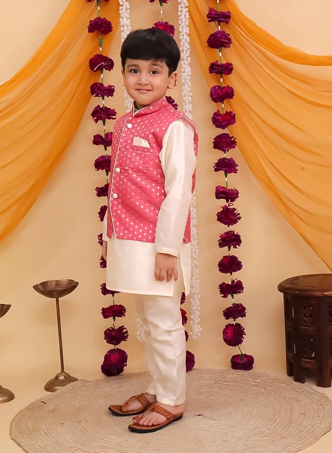 AJ DEZINES Kids Brocade Full Sleeve Motif Kurta Pajama & Waistcoat Set for Boys - Ethnic wear | Special Occasion & Party Traditional Outfit | Mandarin Collar Waistcoat for boys - Regular Fit |Pink-9 - Image 5
