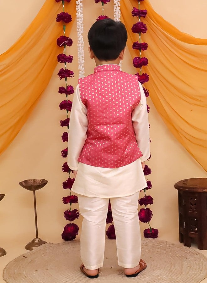 AJ DEZINES Kids Brocade Full Sleeve Motif Kurta Pajama & Waistcoat Set for Boys - Ethnic wear | Special Occasion & Party Traditional Outfit | Mandarin Collar Waistcoat for boys - Regular Fit |Pink-9 - Image 3