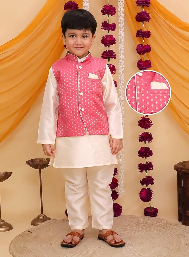 AJ DEZINES Kids Brocade Full Sleeve Motif Kurta Pajama & Waistcoat Set for Boys - Ethnic wear | Special Occasion & Party Traditional Outfit | Mandarin Collar Waistcoat for boys - Regular Fit |Pink-9 - Image 2