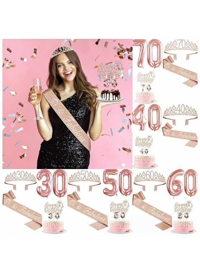 زينة عيد الميلاد، بما في ذلك زينة كعكة عيد الميلاد الأربعين، وشاح الملكة مع دبوس، تاج أحجار الراين الجميل، مجموعة شموع وبالونات رقمية، لون ذهبي وردي - Image 2