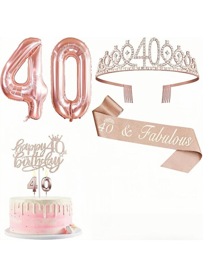 زينة عيد الميلاد، بما في ذلك زينة كعكة عيد الميلاد الأربعين، وشاح الملكة مع دبوس، تاج أحجار الراين الجميل، مجموعة شموع وبالونات رقمية، لون ذهبي وردي - Image 1