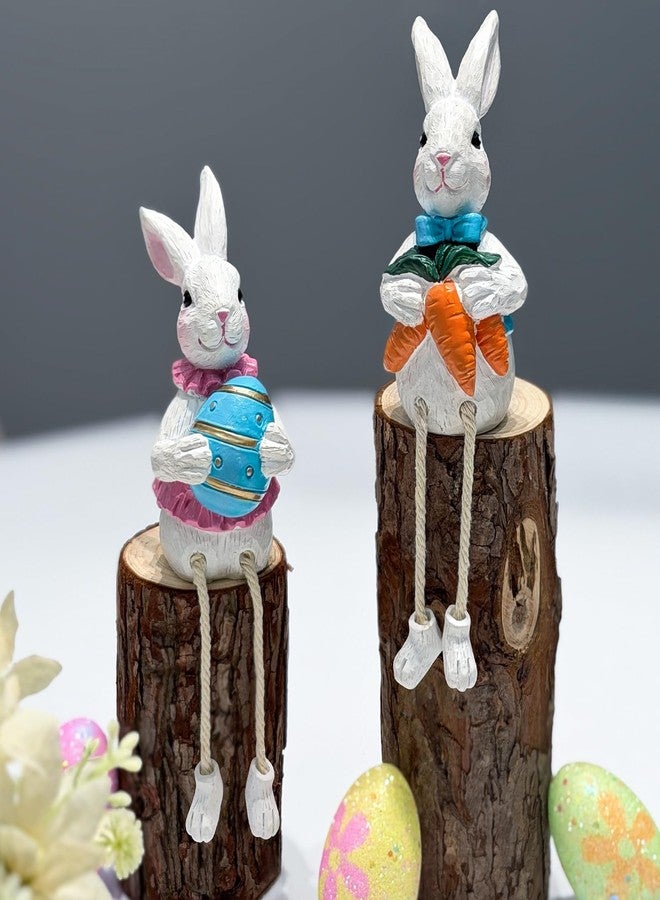 Giunn Easter Bunny Decor Set, 2 Pack Resin Easter Bunny Decorations Dangling Leg Design, Hand-Painted Sculpted Rabbits with Easter Egg and Carrot, Ideal for Home Decor and Gifts - Image 1
