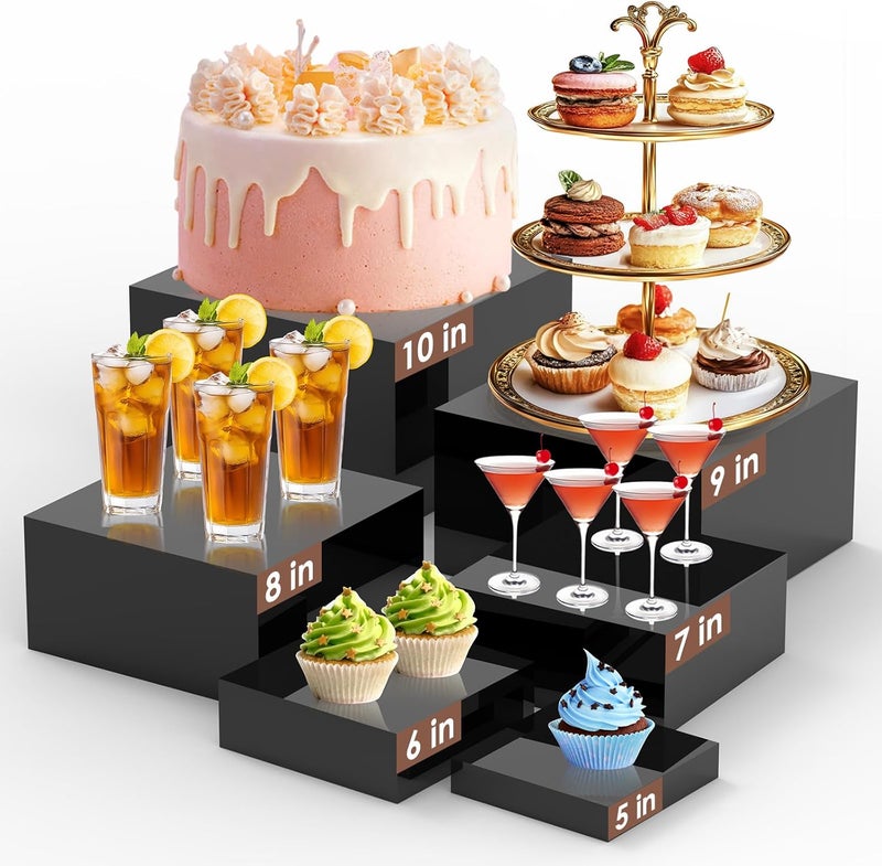 TPGP 6Pcs Black Buffet Risers Set (5"-10") - Acrylic Display Stands for Catering and Desserts - Image 1