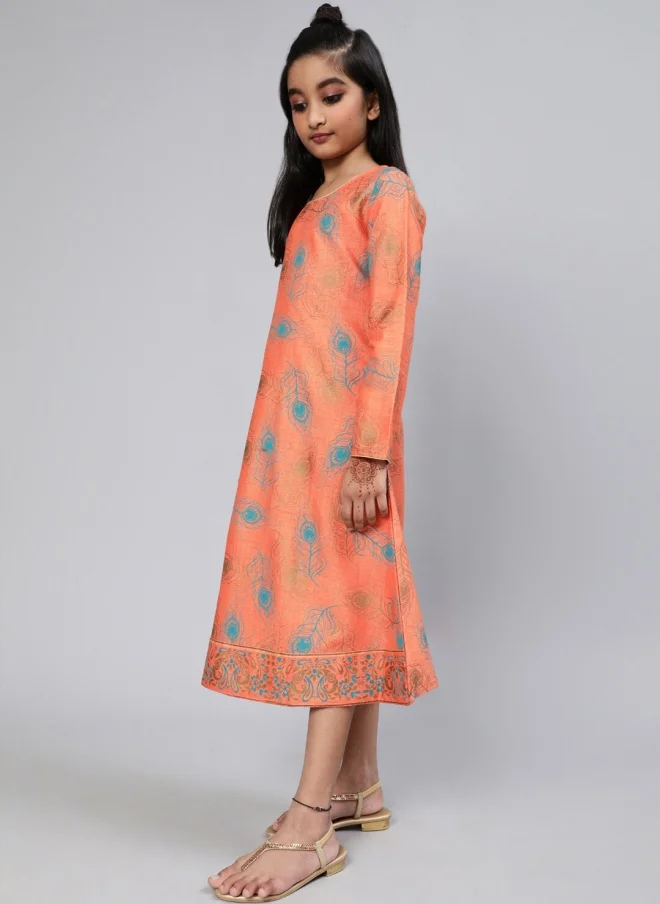AKS Peach Ethnic Motifs A-Line Midi Dress for Girls