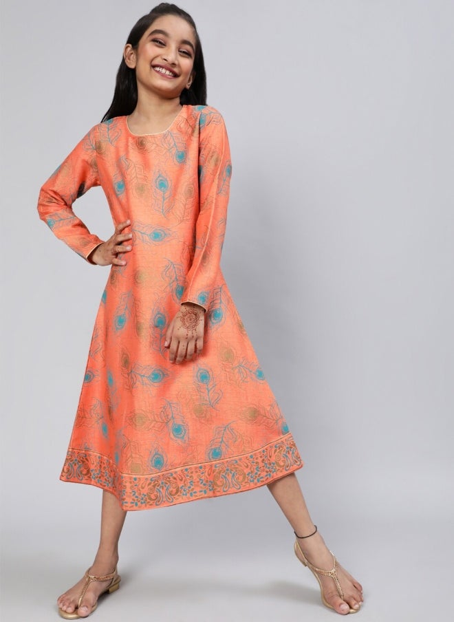 AKS Peach Ethnic Motifs A-Line Midi Dress for Girls - Image 1