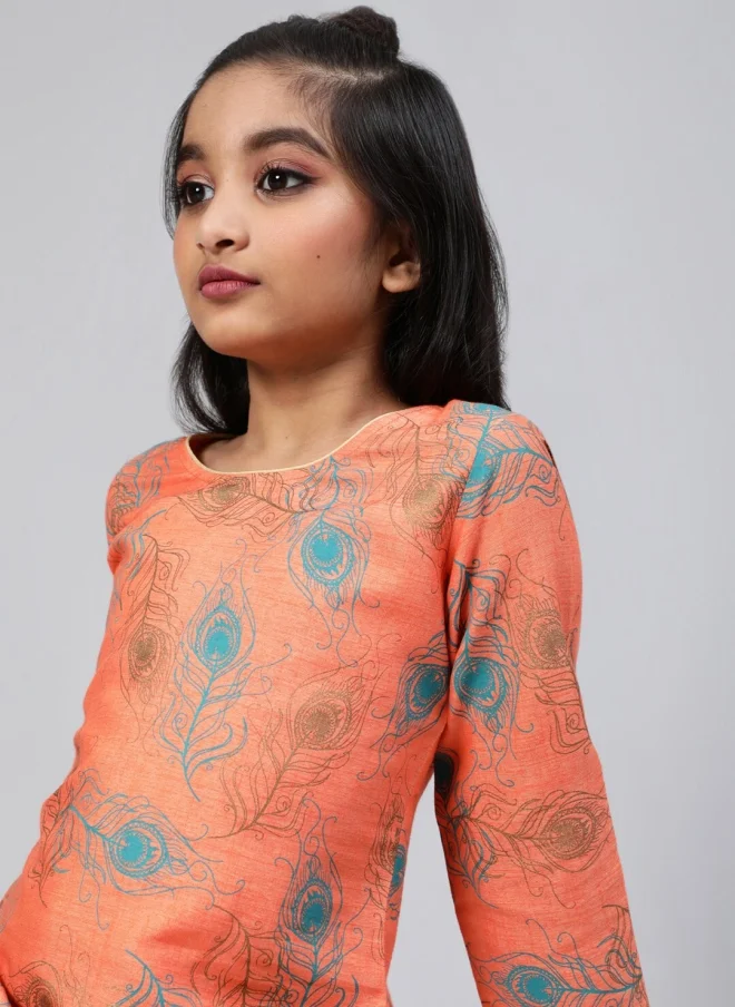 AKS Peach Ethnic Motifs A-Line Midi Dress for Girls