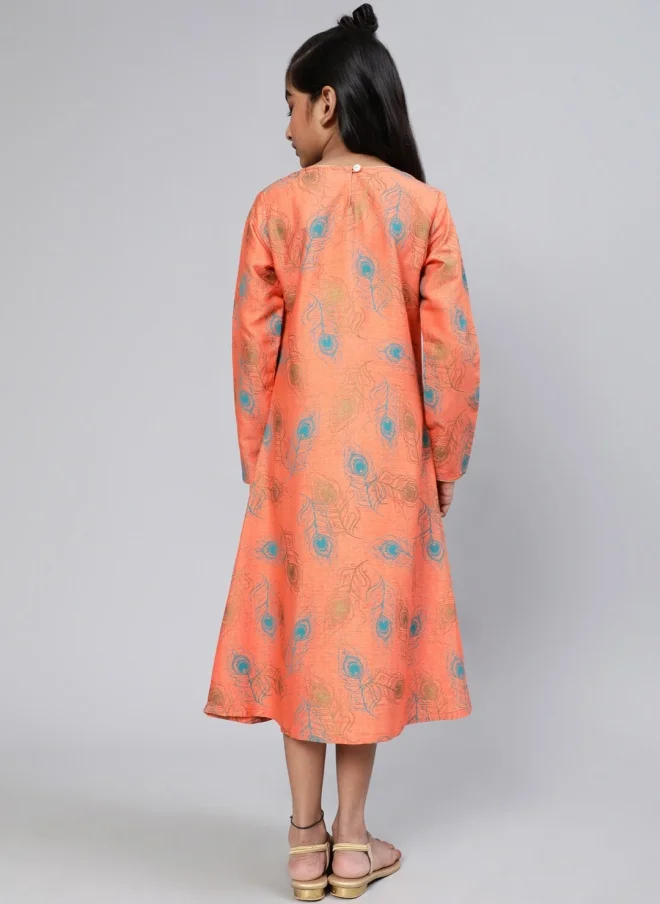 AKS Peach Ethnic Motifs A-Line Midi Dress for Girls