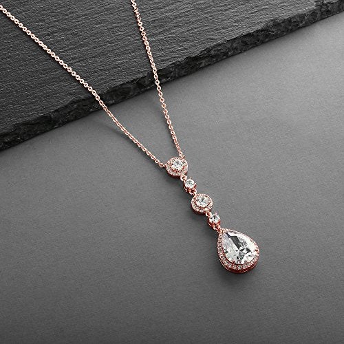 Mariell 14K Rose Gold Plated Bridal and Wedding Necklace, Cubic Zirconia Crystal Drop Pendant Necklace for Brides, Bridesmaids, Prom, Homecoming, Mother of the Bride - Image 3